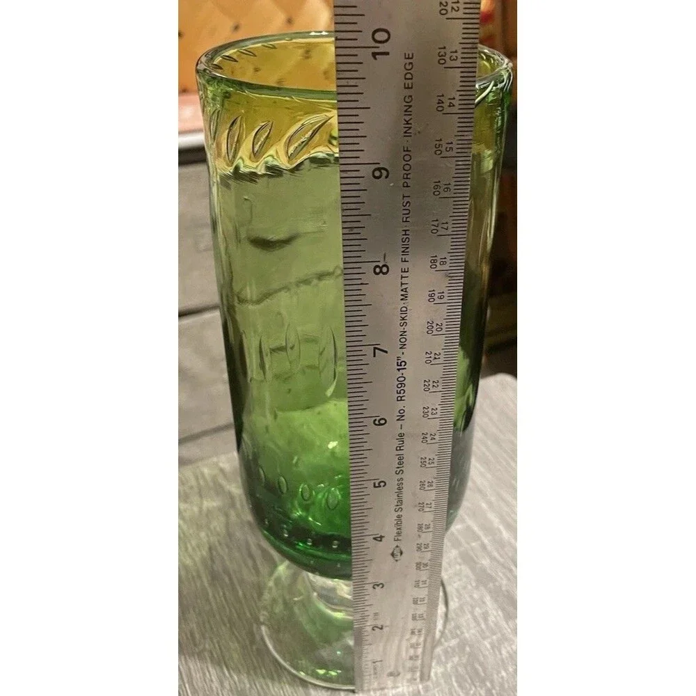 70’s Art Deco Hand Blown Controlled Bubble Apple Green & Clear Base Glass Vase